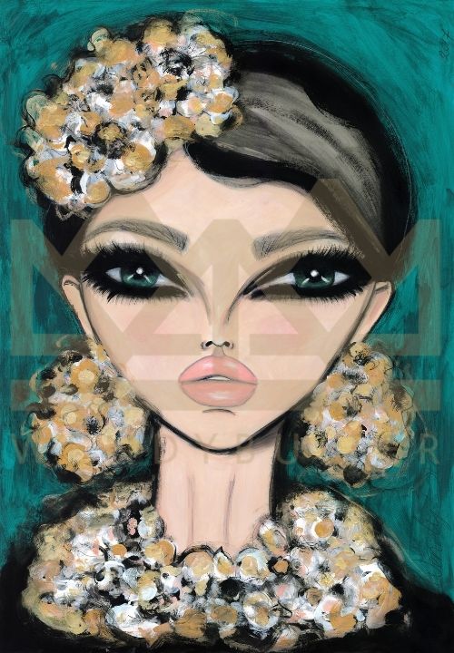 Artistic illustration of a woman's face with floral headpiece and jewelry against a teal background