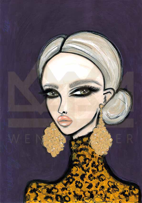 Fashion illustration of a woman with pale skin, dramatic dark eye makeup, and a beige updo hairstyle, wearing large textured gold earrings and a yellow leopard-print high-neck top against a dark purple background.