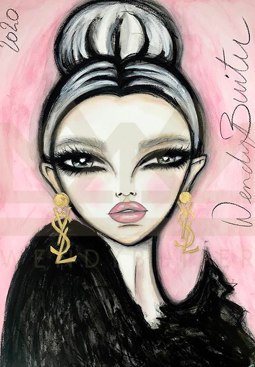 Fashion illustration of a woman with a high bun hairstyle, dramatic black eyeliner, pink lips, and gold YSL earrings against a pink background with 'YSL' and 'Deny Buitin' text.