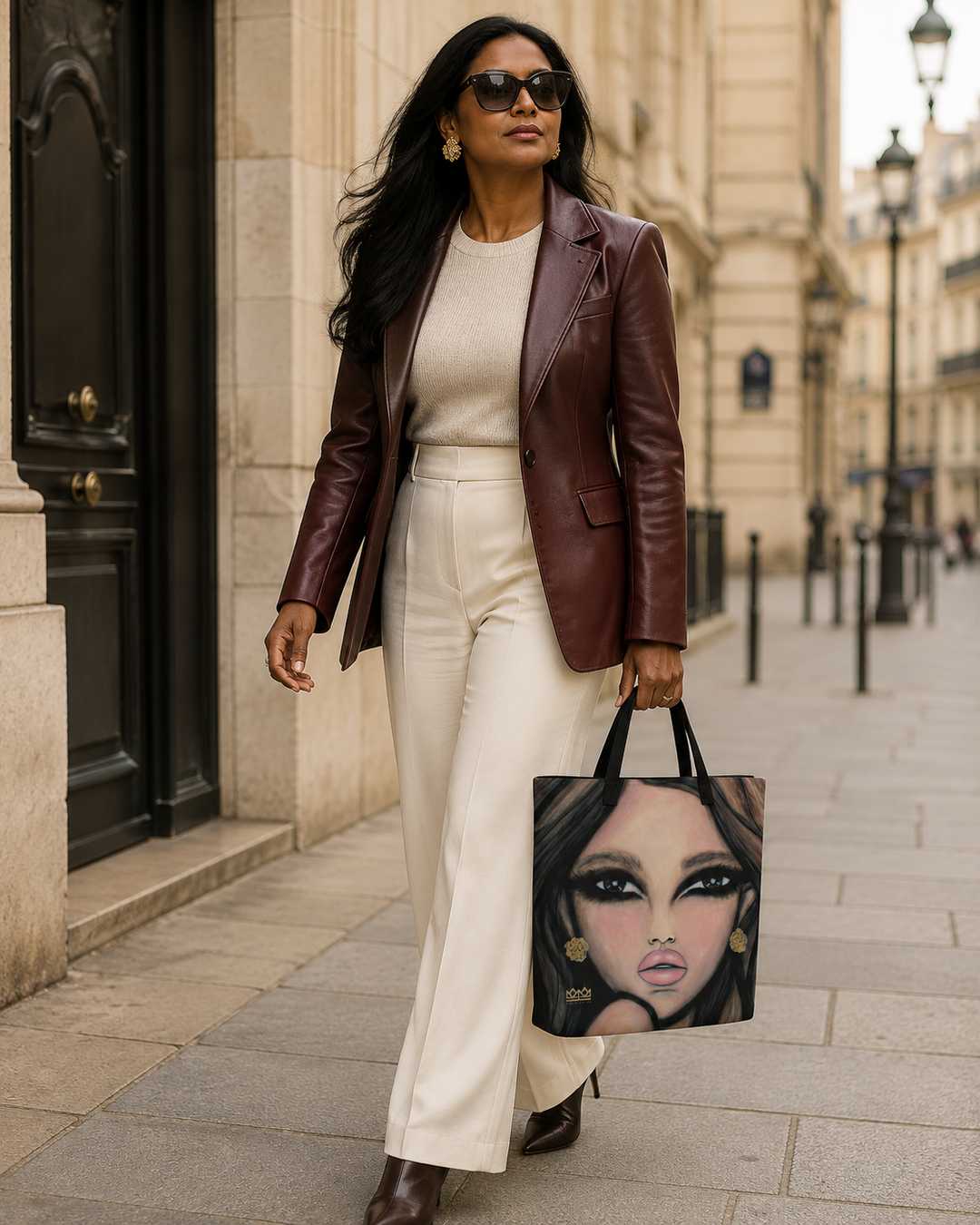 A woman walks down a city street wearing a dark brown leather blazer, cream wide-leg trousers, and sunglasses, while carrying a tote bag with a stylized portrait print.