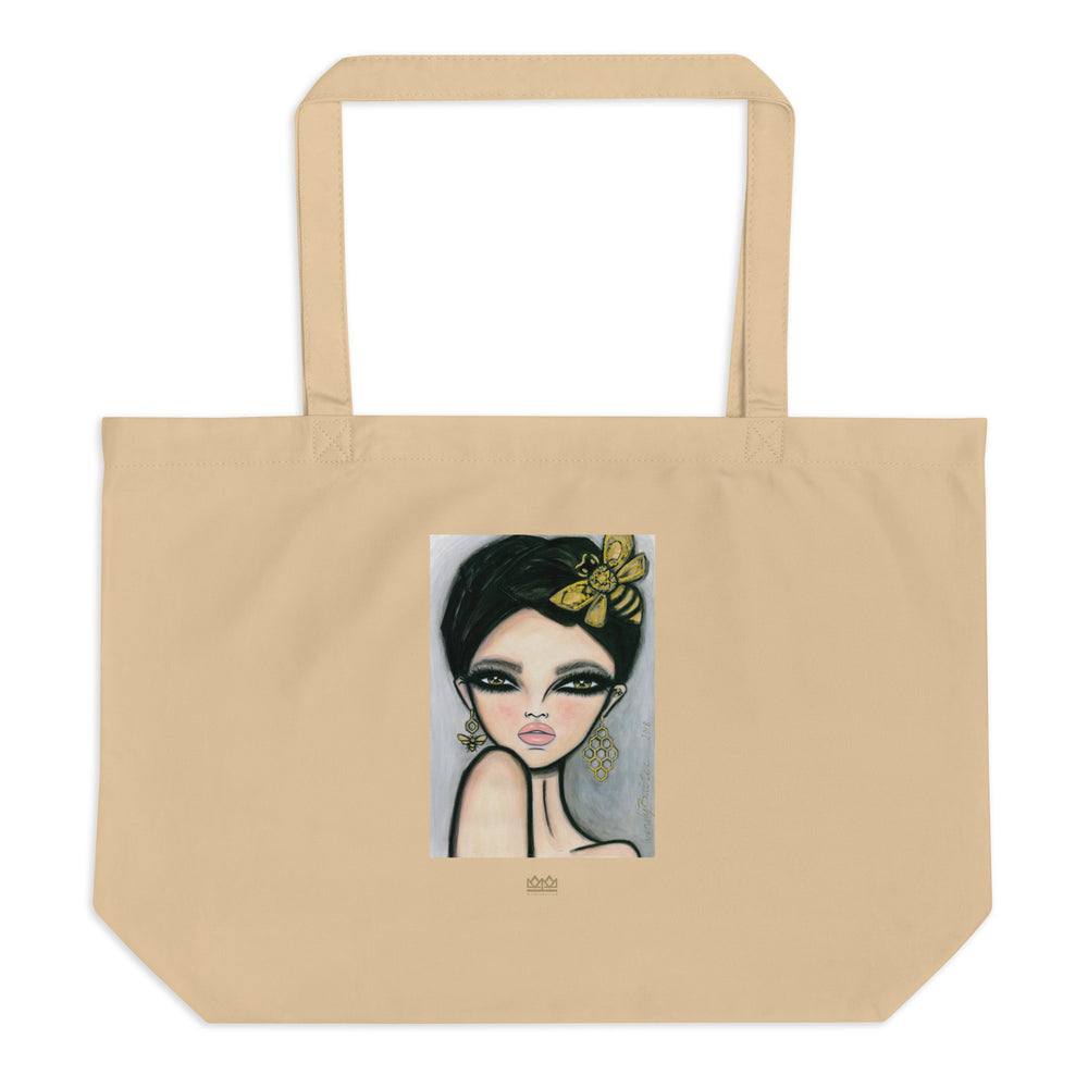 Front view of the Queen Bee large organic cotton tote bag